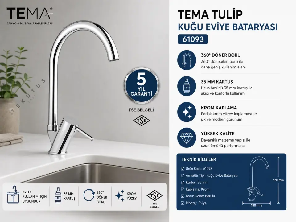 Tema Tulip 61093 Kuğu Evye Mutfak Bataryası Krom